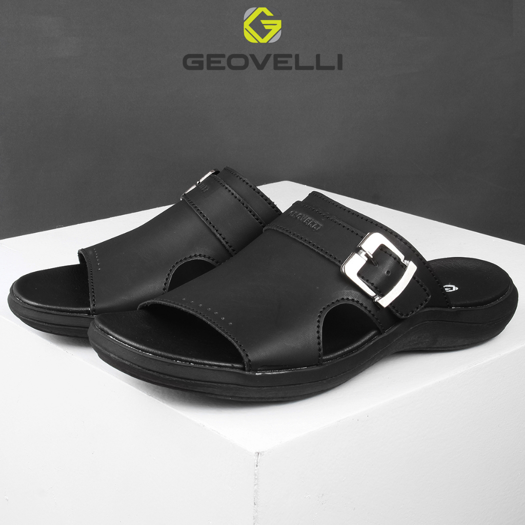 Sendal Pria Slide Selop Geovelli Original Sol Tebal Sandal Pria Casual Kualitas Lokal - Hitam