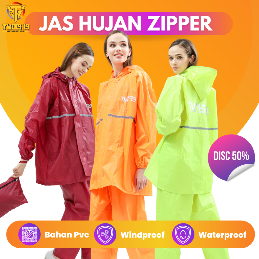 Jas Hujan TWINS19 Jas Hujan Sleting Depan Pria Wanita Dewasa Anti Air Bahan Taslan Import Raincoat