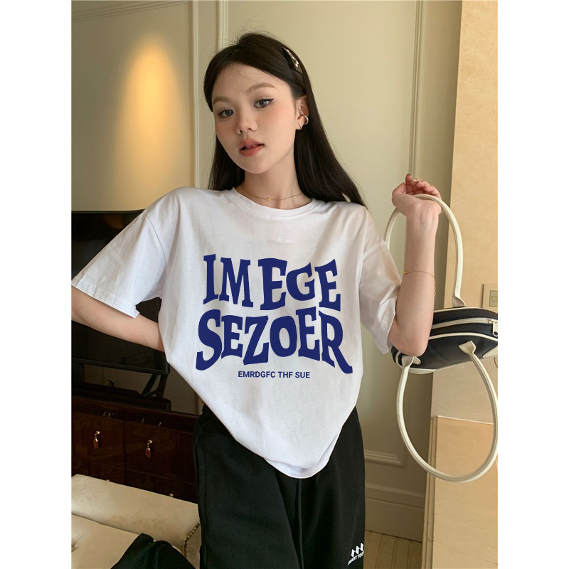 XIAOZHAINV Korean Style Kaos Atasan Wanita Blue Letters Pattern Lengan Pendek A0778