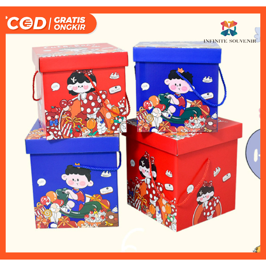 Box Tebal Ultah Anak Bahan Corrugated Tebal dengan Tutupan dan Tali / Kotak Ulang Tahun Tersedia 2 Ukuran Motif Astronot Girl dan Boy / Giftbox Birhtday Besar Muat Banyak / Kotak Bento atau Kado Bahan Tebal dan Kokoh