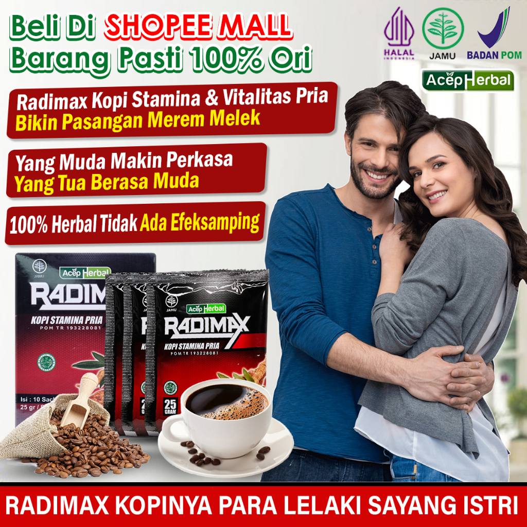 

RADIMAX Kopi Stamina Pria Kuat Tahan Lama Herbal Aman di Lambung 1 Box Isi 10 Saschet