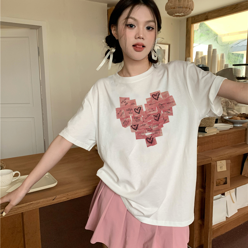 Print T-shirt Kaos Lengan Pendek Cartoon Stamp Heart Printing Oversize Atasan Wanita Korean Style