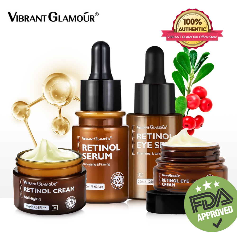 【BPOM】VIBRANT GLAMOUR Retinol 4 Pcs Sets Face Cream+Facial Serum+Eye Serum+Eye Cream Double Retinol VA Anti Aging Whitening Renewing Skin