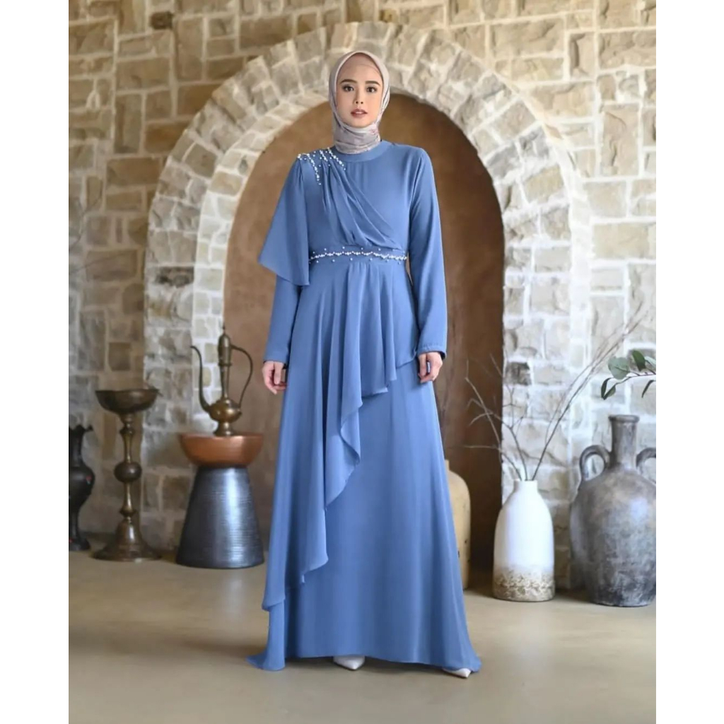 Gamis Dress Pesta Yuvika Maxy Terbaru Dress Maryam Fashion muslim Wanita Matt Ceruty Babydoll Aplikasi Mutiara Zipper Belakang