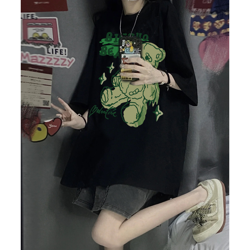 EUNII T-shirt Lengan Pendek Cartoon Green Bear Korean Style/Kaos Atasan Wanita/Baju Kaus Oversize Wanita/Kaos Wanita