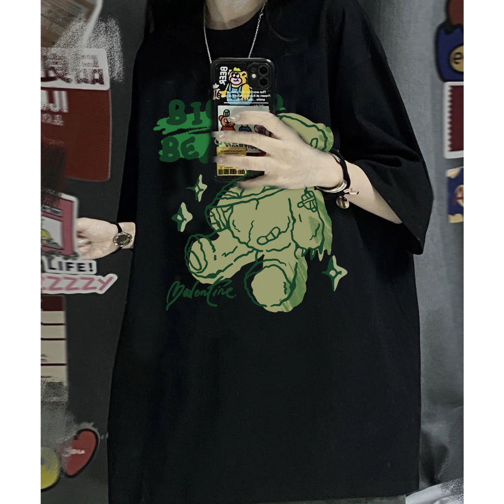 EUNII T-shirt Lengan Pendek Cartoon Green Bear Korean Style/Kaos Atasan Wanita/Baju Kaus Oversize Wanita/Kaos Wanita