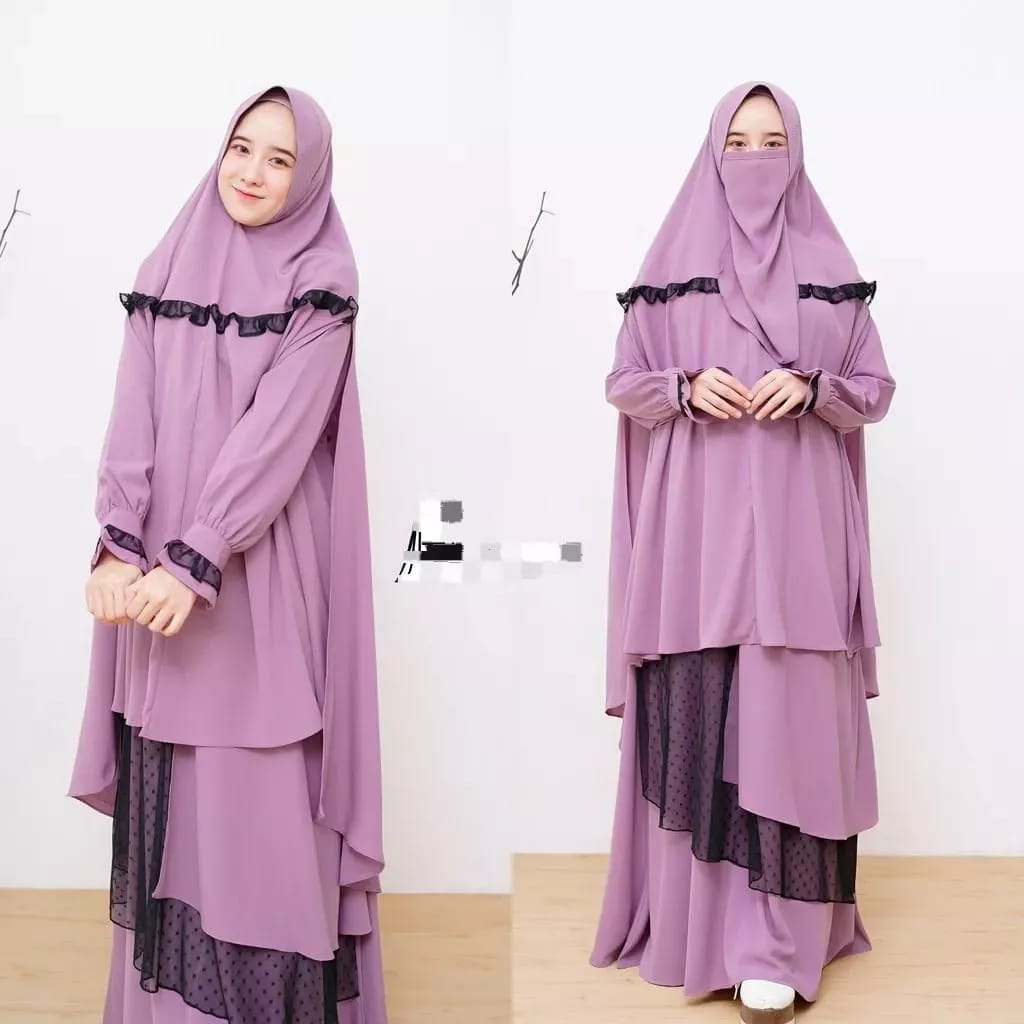 Gamis Syari Terbaru Al Syifa Syari Set Khimar Gamis Crinkle Airflow Mix Tille Dot Baju Kondangan Wanita Kekinian Gaun Pesta Muslimah