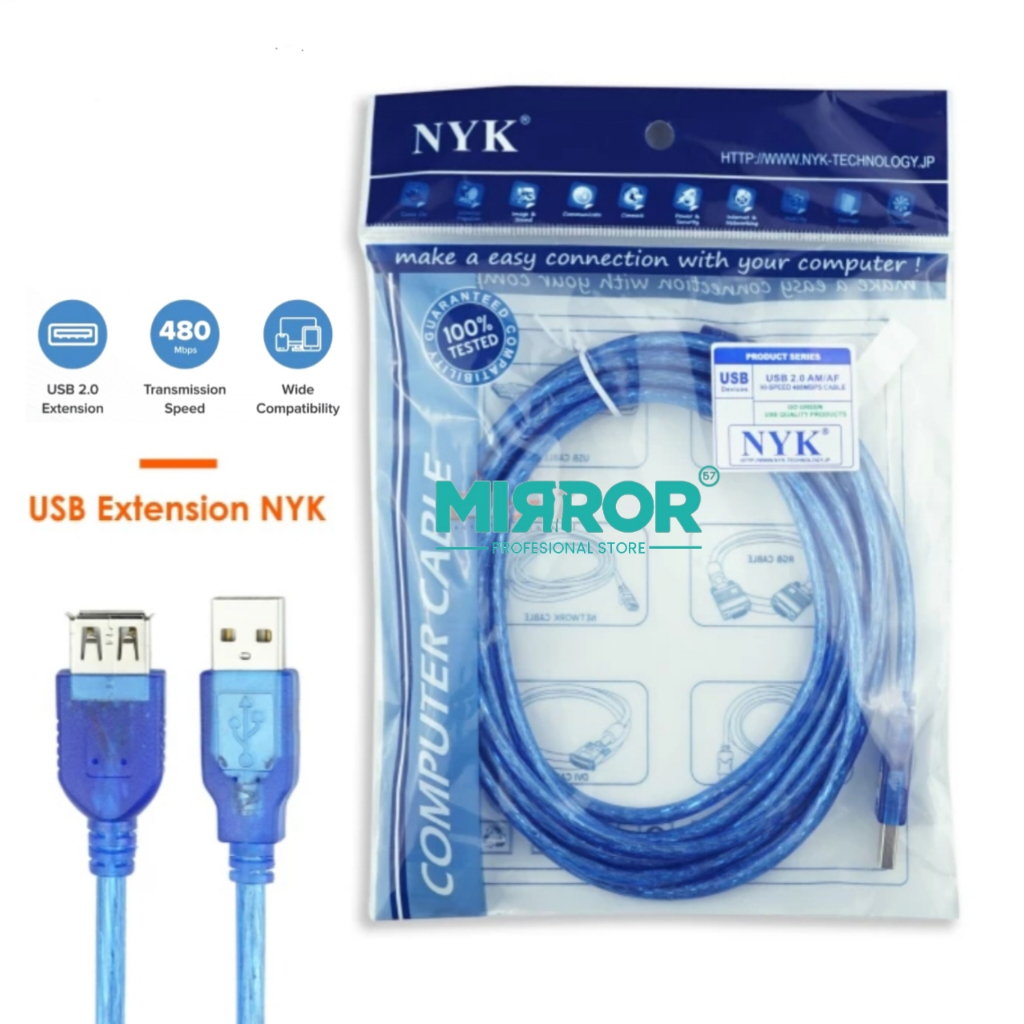 Cable NYK Kabel Perpanjang USB 2.0 Extension Transparent Male to Female 1.5M, 3M, 5M, 10M