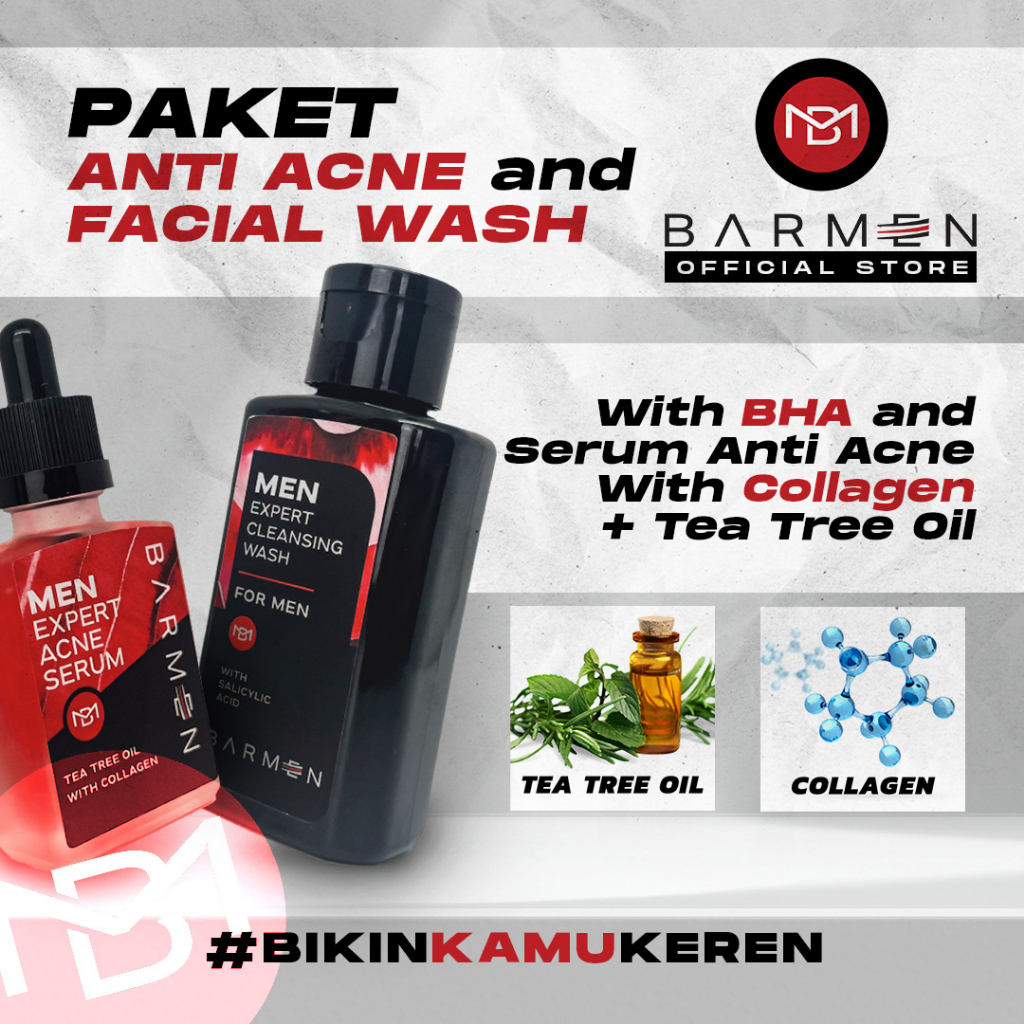 BARMEN Paket Anti Acne Cleansing Wash With BHA and Serum Anti Acne With Collagen + Tea Tree Oil