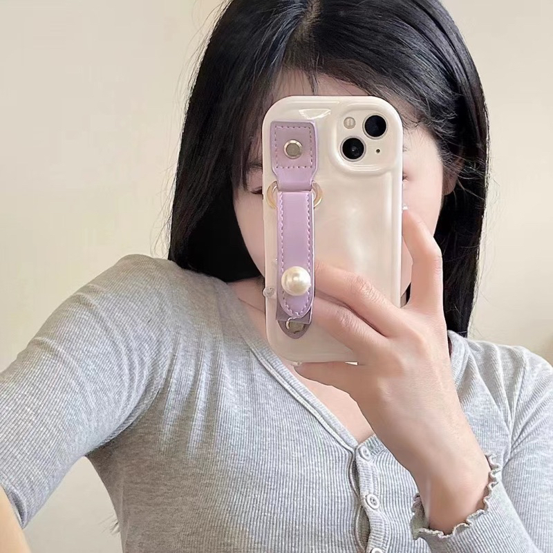 White Beige Softcase with Purple Leather Handle Softcase Casing Case HP Lucu iphone XS XS Max XR 11 Pro Max 12 Pro Max 13 Pro Max 14 Pro Max