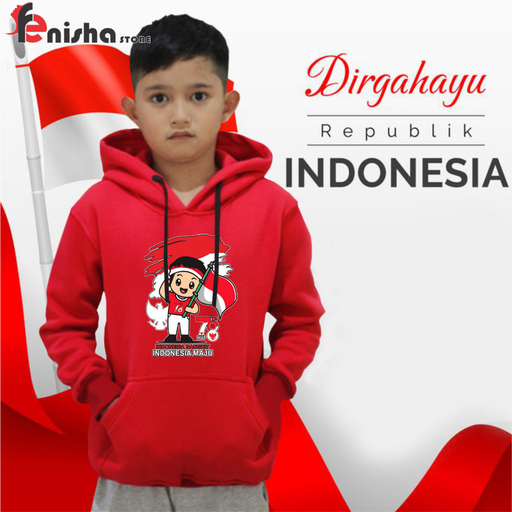 SWEATER HOODIE ANAK MERAH 17 AGUSTUS DIRGAHAYU 2023 INDONESIA MAJU ATASAN/SETELAN SIZE M-L-XL BISA BAYAR DITEMPAT (COD)