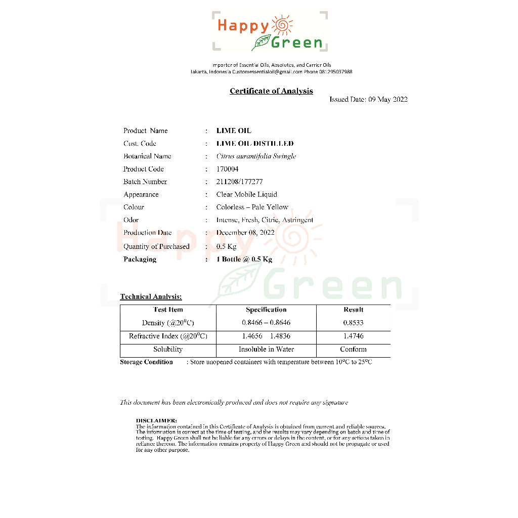 Happy Green Lime Distilled Essential Oil - Minyak Essential Limau Non Photo toxic