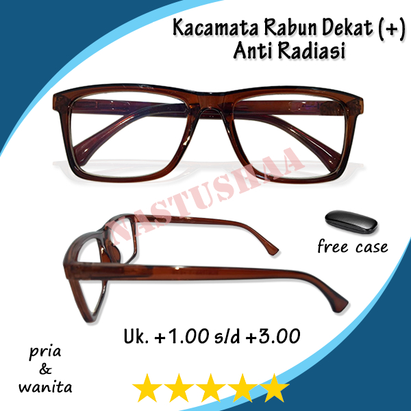 Kacammata Kotak full Plus (+) Lensa Anti Radiasi Tersedia Ukuran +1.00 s/d +3.00 Frame Coklat Bahan Untuk Pria Dan Wanita (Unisex) FREECASE