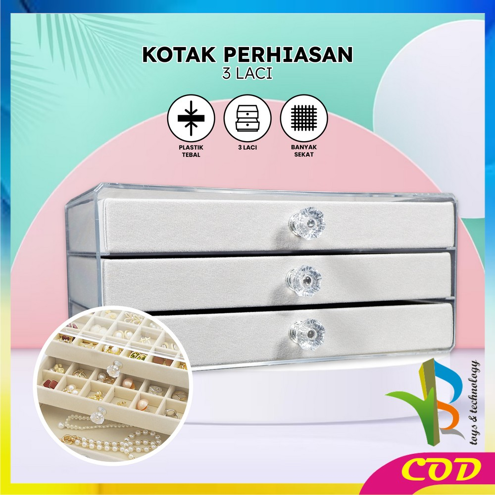 RB-K148 Kotak Perhiasan Wanita 3 Laci Jewelry Box dengan Sekat Serbaguna / Tempat Penyimpanan Cincin Kalung Anting Multifungsi / Rak Perhiasan 3 Tingkat Import