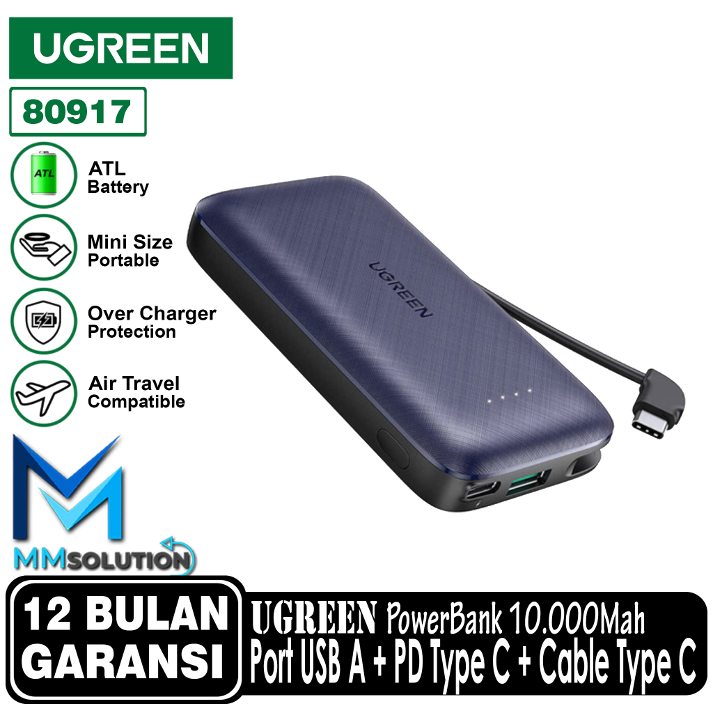 UGREEN Powerbank 10.000mAh Fast Charging 20W Built in Cable PD QC ATL - 80917 10.000mAh