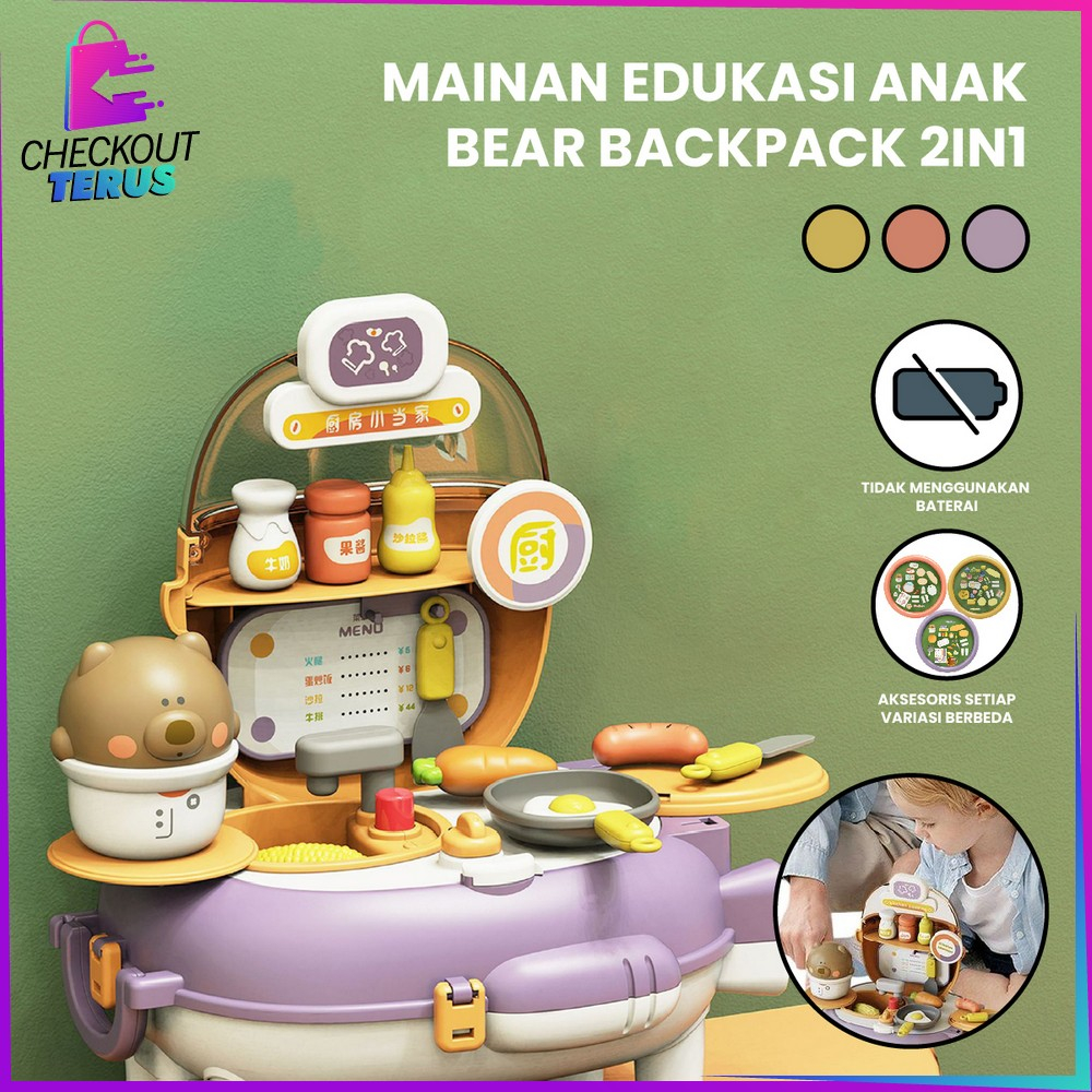 CT M321 Mainan Edukasi Anak Bear Backpack 2IN1 Pretend Play Kitchen Set Simulasi Masak Masakan Dapur Anak Beauty Colorclay Tas Ransel Anak