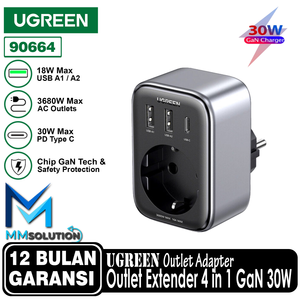 UGREEN Outlet Adapter GaN 30W USB Type C PD Fast Charging+ Stop kontak