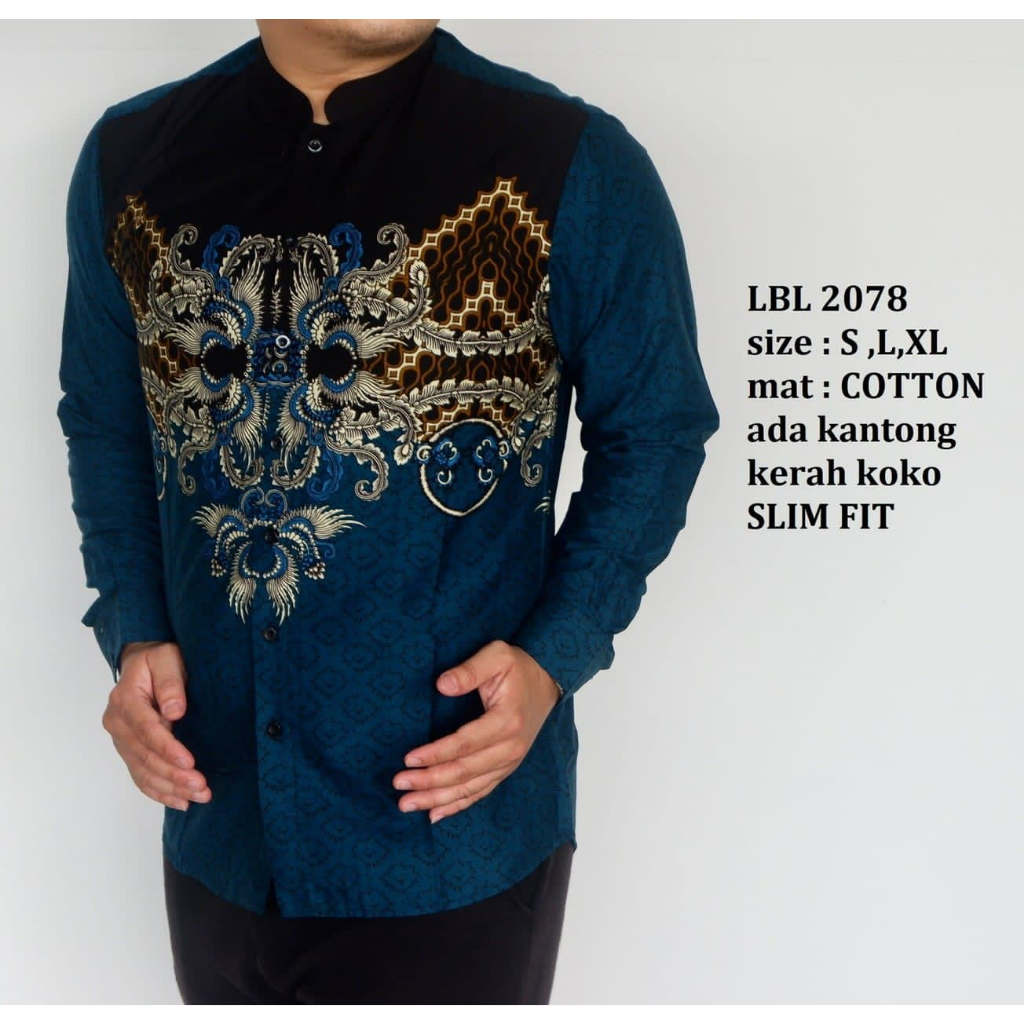 BatikBule Kemeja Batik Slimfit Panjang Motif Casual Warna Abu Hitam &amp; Tosca Hitam Kerah Shanghai LBL 2077 &amp; 2078