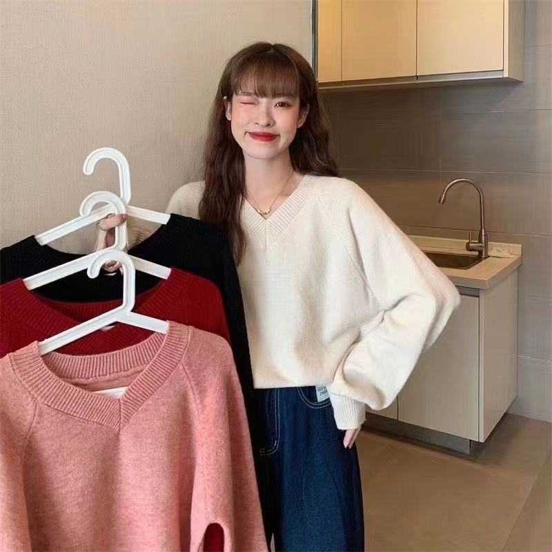 Sweater Knit Wanita Oversize Lengan Panjang V Casual Atasan