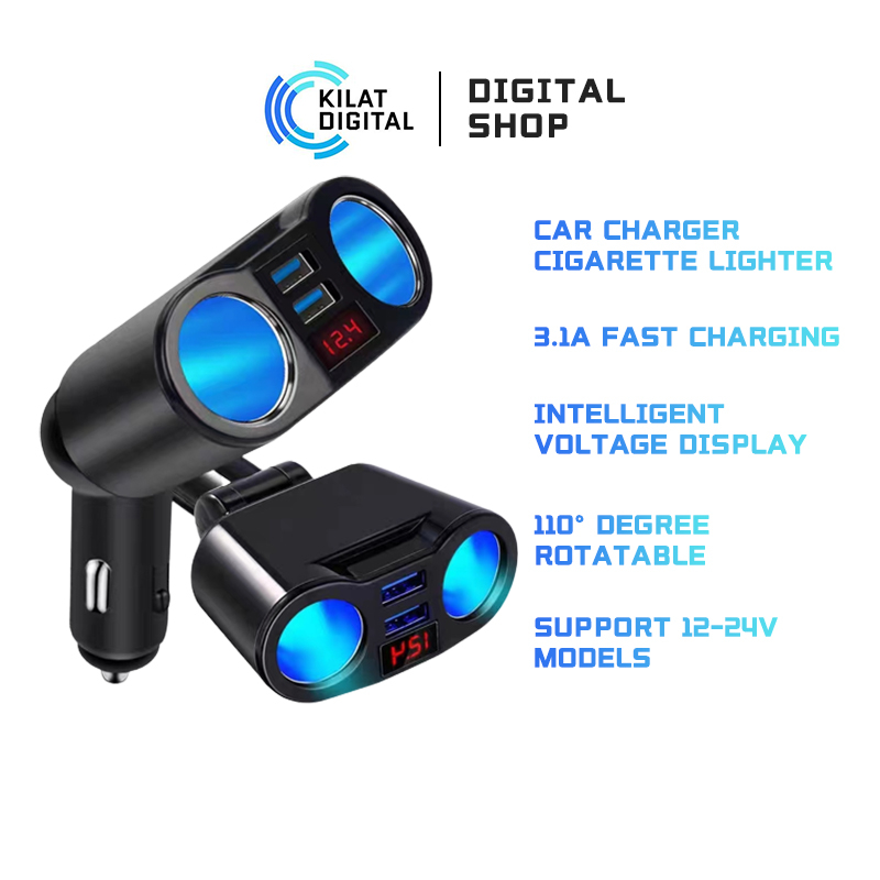 4 in 1 Car Charger Cas Mobil 3.1A Fast Charging dengan Monitor Voltage 2 Cigarette Lighter Socket