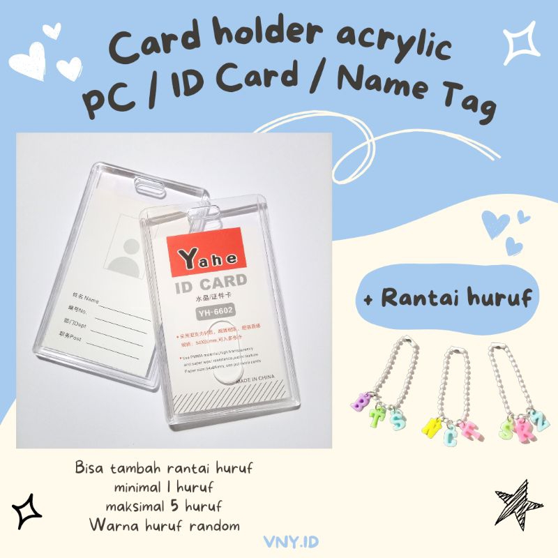 

Card Holder Acrylic ID Card / PC / Name Tag + Rantai + Huruf