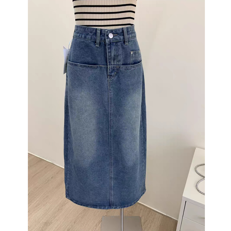 XIAOZHAINV Korean Style Denim Rok Panjang Wanita Skirts Setengah High Waist Biru 0796