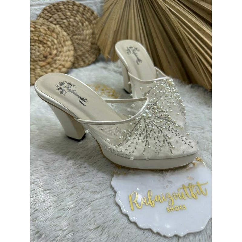 Sepatu wedding pesta Cantik anggun Ivory 9cm tahu