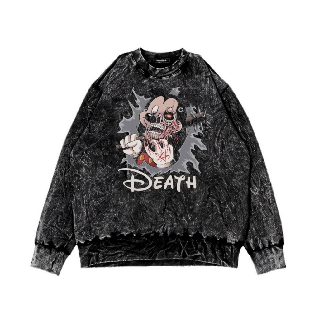 FEROCIOUS Sweater Crewneck Sandwash Metal Satanic Logo MICKY MOUSH DEATH Crewneck Washing Pria &amp; Wanita Terbaru Distro