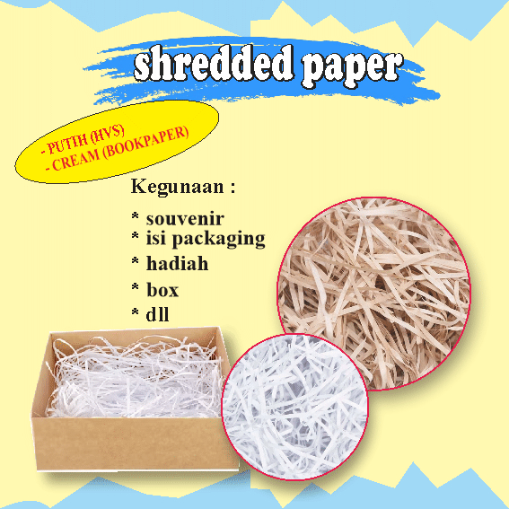 

Kertas Cacah Shredded Paper Kertas Serut 100gram Termurah Cocok untuk isi packaging , souvenir , hadiah , atau hampers , box.