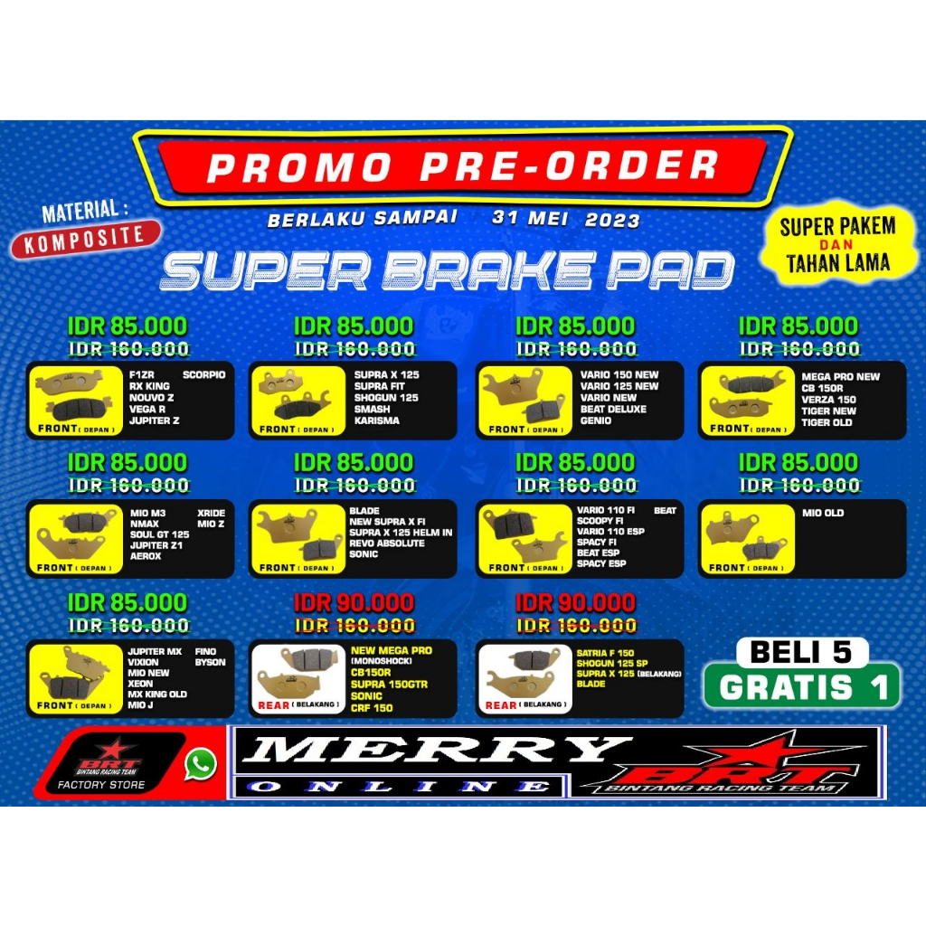 Super Brake Pad BRT Kampas Rem Front (Depan) Supra X 125 Karisma Supra Fit Shogun 125 Smash