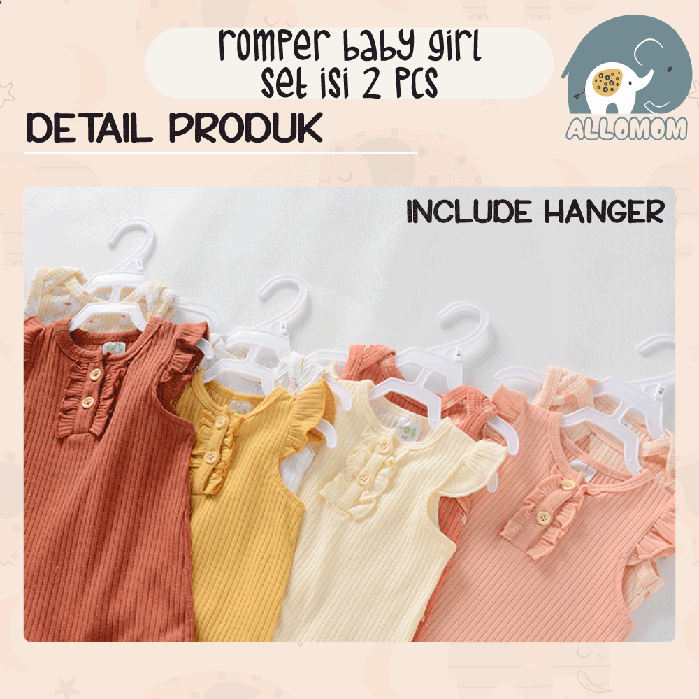 Set Isi 2 Pieces Jumper Bayi / Baju Ruffle Baby Girl 1 Tahun Polos Material Katun / Newborn Cewek