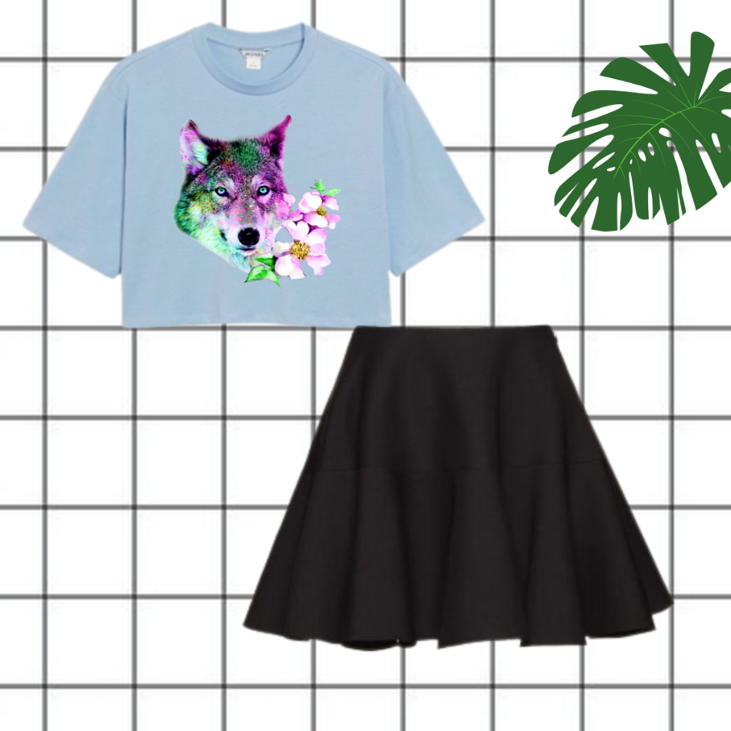 JBF One Set Cewek Korea Atasan Crop Top Big Size Dan Rok Wolf Kids