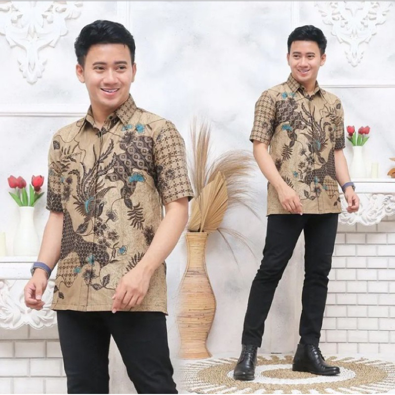 KEMEJA BATIK PRIA LENGAN PENDEK BAJU KERJA KANTOR BAJU BATIK PRIA DEWASA WARNA HITAM PUTIHAN