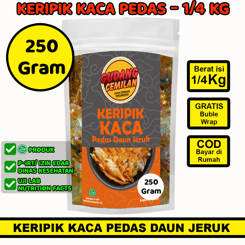 

250 GRAM KERIPIK KACA PEDAS DAUN JERUK, SNACK CEMILAN PEDAS KRIPCA