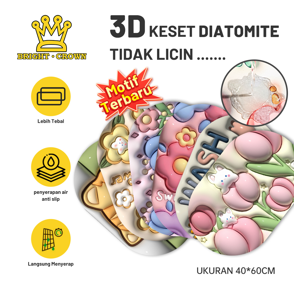 Bright Crown Keset Diatomite 3D Bentuk Oval Motif Kartun Buah Karakter Keset Kaki Anti Slip Keset Anti Bau Nyerap Air Keset Motif Bunga