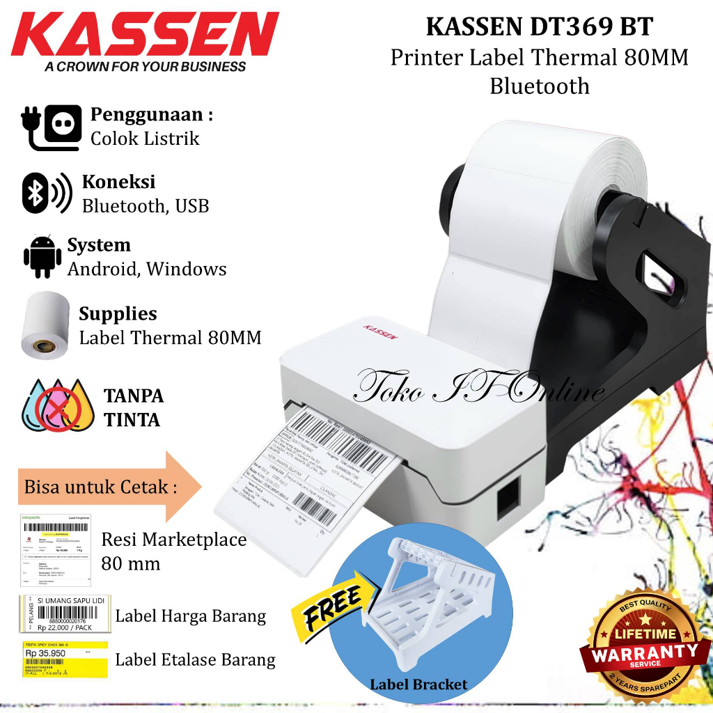 Kassen DT369 Printer Label Thermal 80 USB Bluetooth Cetak Stiker Resi Marketplace DT 369 DT-369 Support Ios Android Windows Direct Thermal Free External Holder