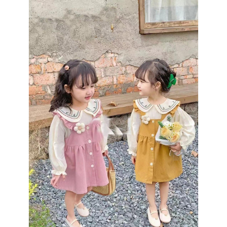 KFCAT Dress Gaun Rok Lengan Panjang Anak Perempuan Katun Polos Kancing Bunga Manis O-Neck Korean Style