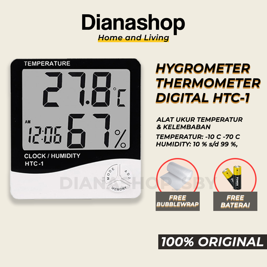 HTC-1 HYGROMETER TERMOMETER ALAT UKUR SUHU TEMPERATUR RUANGAN CLOCK