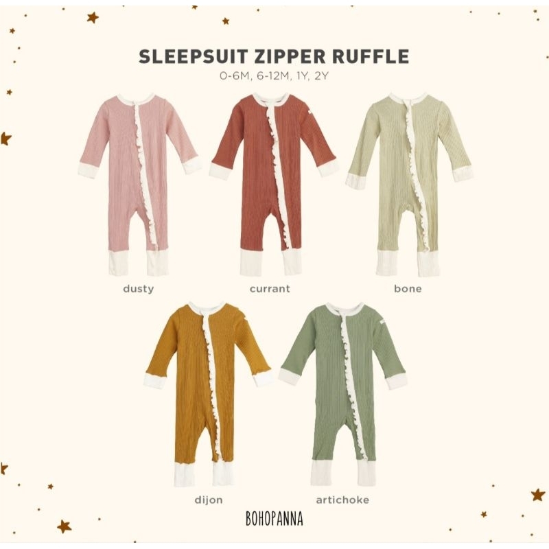 Sleepsuit zipper ruffle Bohopanna B49 / Sleepsuit Bayi Perempuan / Baju Tidur Bayi Cewek Bohopanna / Sleepsuit Bayi polos / Sleepsuit Bayi Perempuan Polos Katun Bohopanna