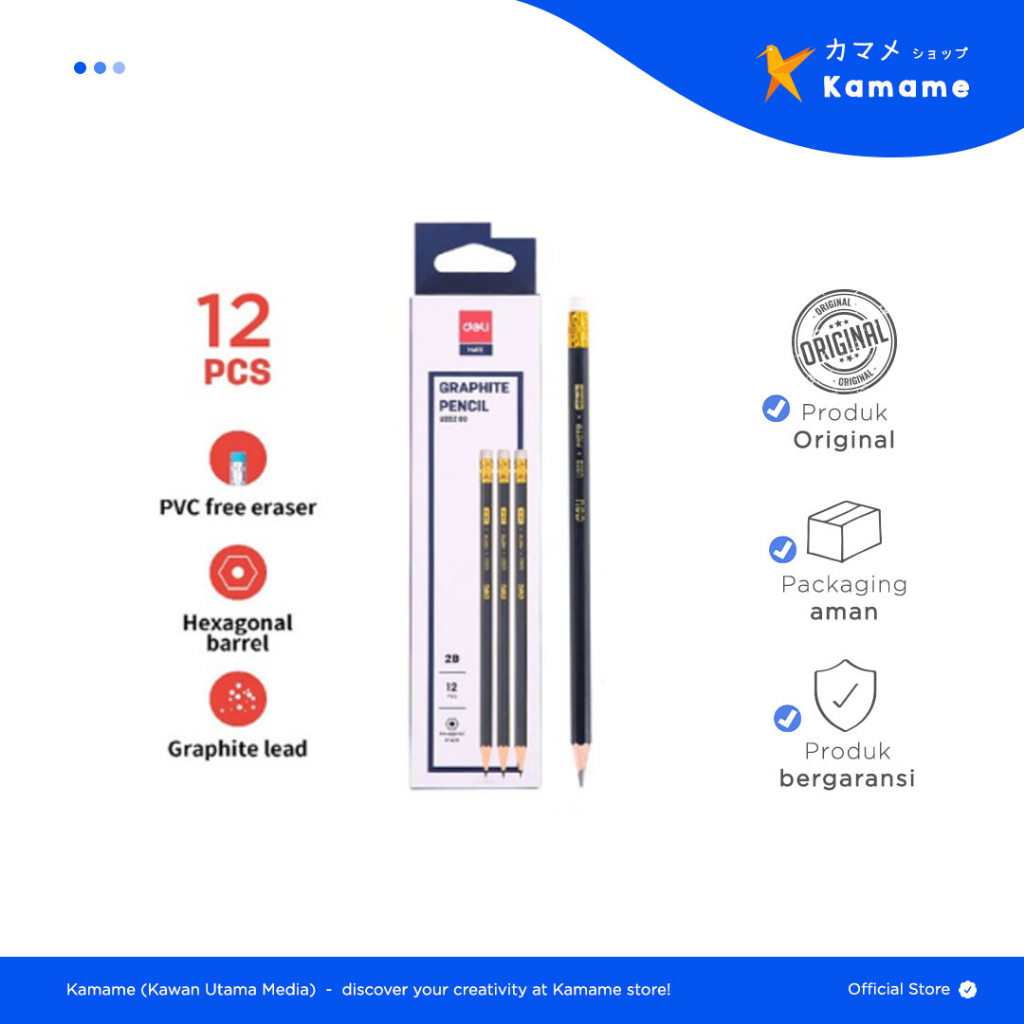 

Deli Graphite Pencil - Mate Pensil 2B dengan Penghapus BIRU 12pcs/BOX U20200 - Kamame