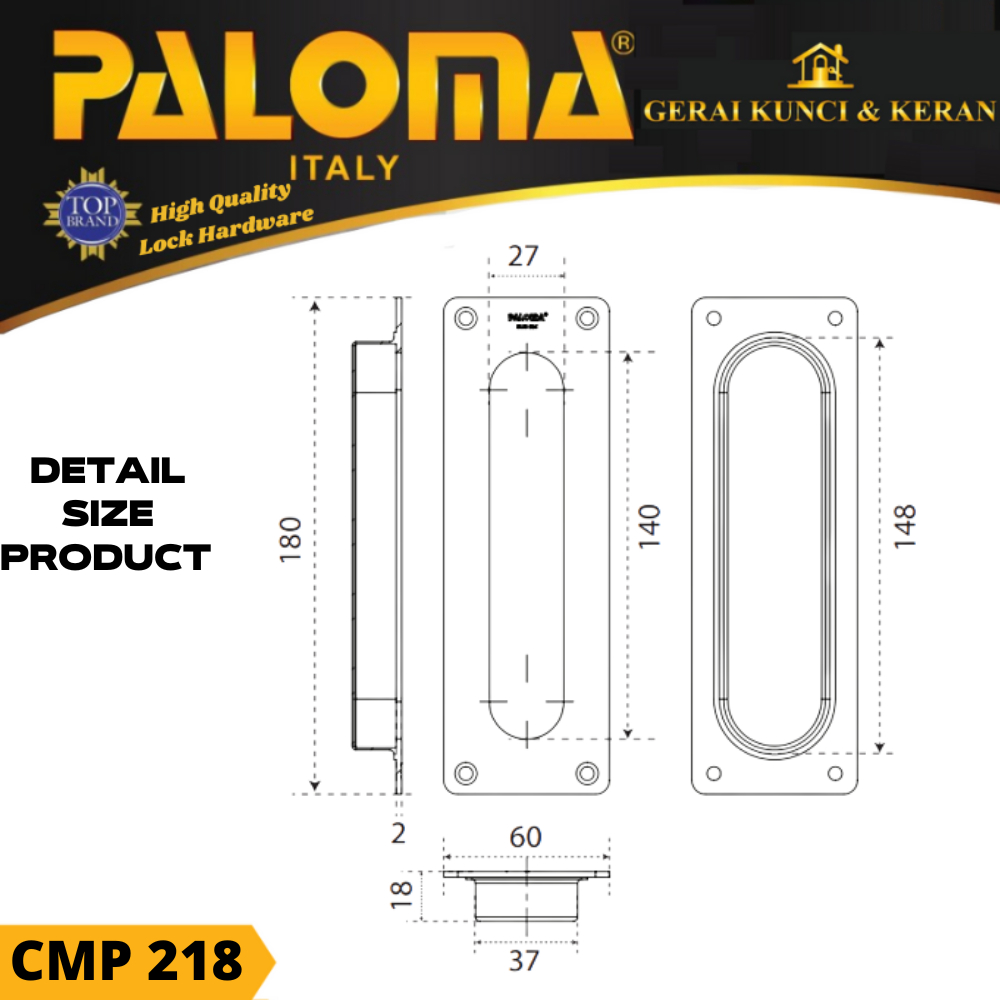 Handle Pintu Sliding PALOMA CMP 218 SQ 18cm | Comen Flush Tanam Geser