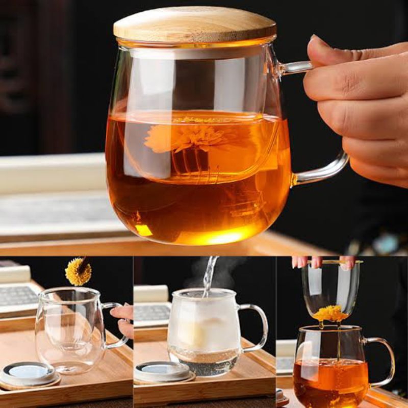 Tea Infuser / Gelas Teh Kaca / Gelas Teh Saringan / Gelas Infuser / Gelas Infuser Teh / Cangkir Kaca
