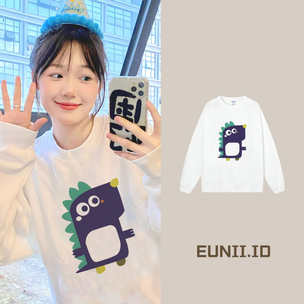 EUNII Sweater Lengan Panjang Cute Dinosaur Printing Korean Style/Sweater Crop/Baju Wanita/Switer Wanita/Switer