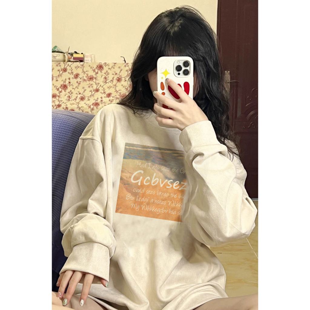 EUNII Sweater Lengan Panjang Vintage Sunset Printing Korean Style/Sweater Crop/Baju Wanita/Switer Wanita/Switer