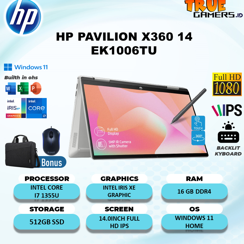 Laptop Hp Pavilion X360 14 EK1006TU TOUCH I7 1355U 16GB 512SSD IRISXE W11+OHS 14.0FHD IPS 2IN1 BLIT PEN 2YR+ADP SLV