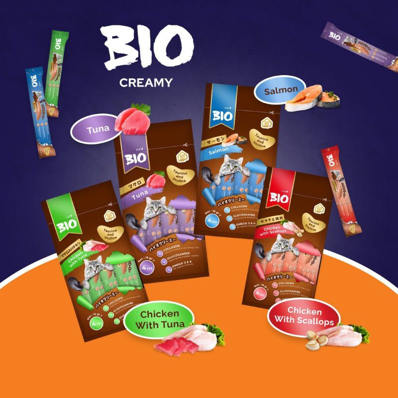 Bio Creamy 15gr × 4 1Box isi 12 / Cemilan kucing Liquid Bio