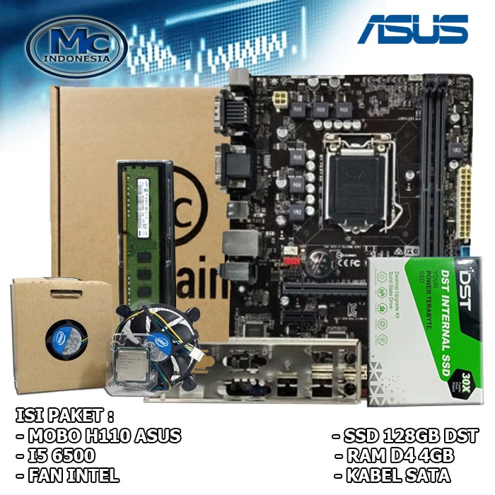 Mobo H110 Mainboard Soket LGA 1151 + Processor i5 6500 + fan intel