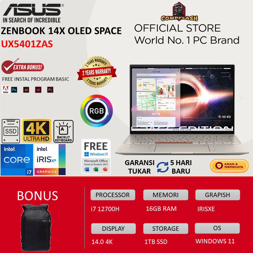 LAPTOP ASUS ZENBOOK 14X OLED SPACE UX5401ZAS TOUCH i7 12700H  RAM 16GB 1TBSSD IRISXE WINDOWS 11 14.0 4K NPAD PEN