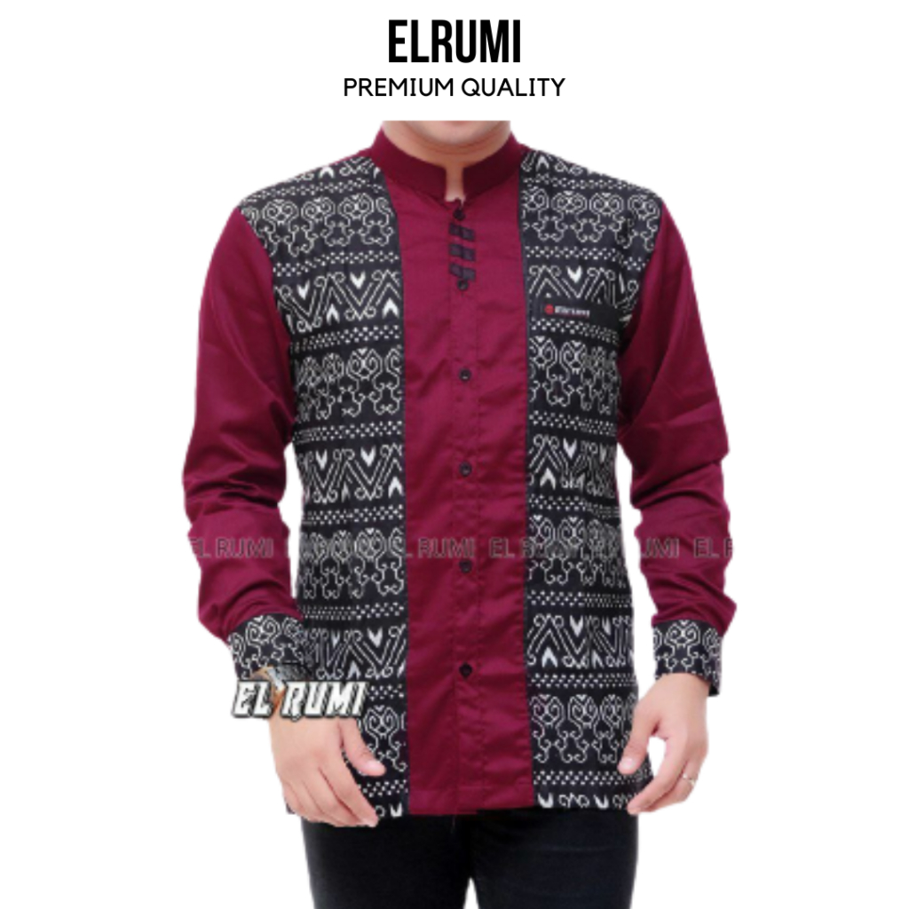 Baju Koko Pria Lengan Panjang Original Elrumi Motif Jari List Warna Merah Maroon Bahan Katun Toyobo