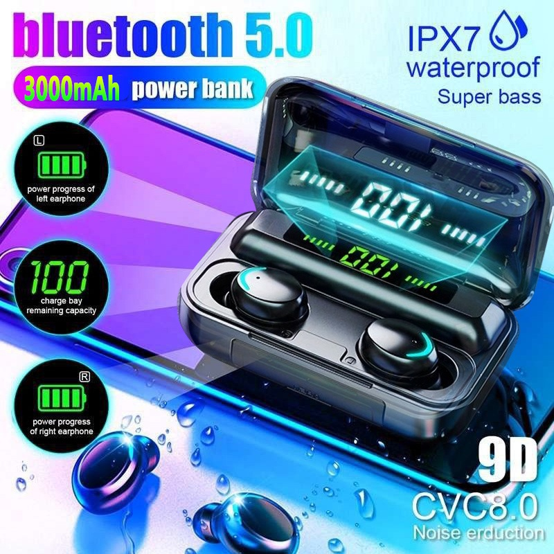 Headset Earphone Bluetooth TWS F9-5 2in1 Bisa Jadi Powerbank 3500mAh On mic HIFI Stereo Calling Water Pro Music Sport Touch Control